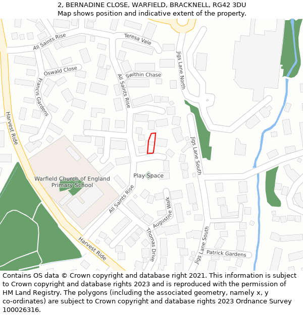 2, BERNADINE CLOSE, WARFIELD, BRACKNELL, RG42 3DU: Location map and indicative extent of plot