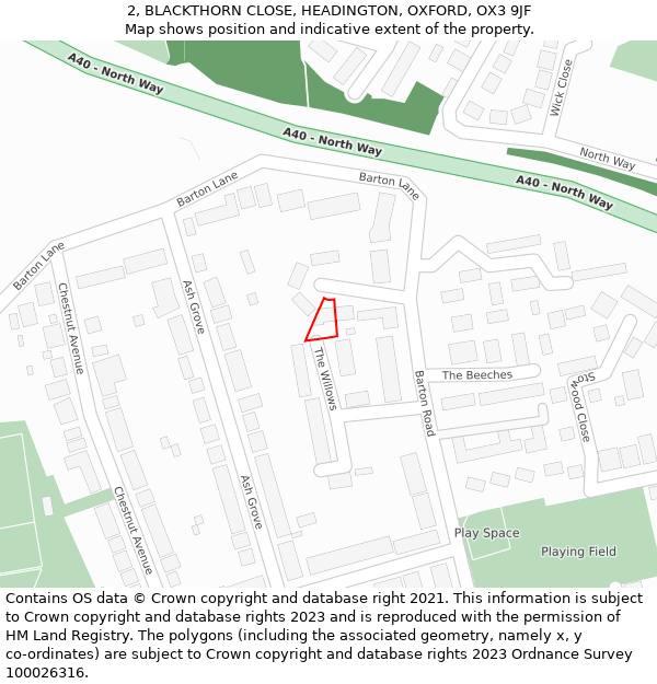 2, BLACKTHORN CLOSE, HEADINGTON, OXFORD, OX3 9JF: Location map and indicative extent of plot
