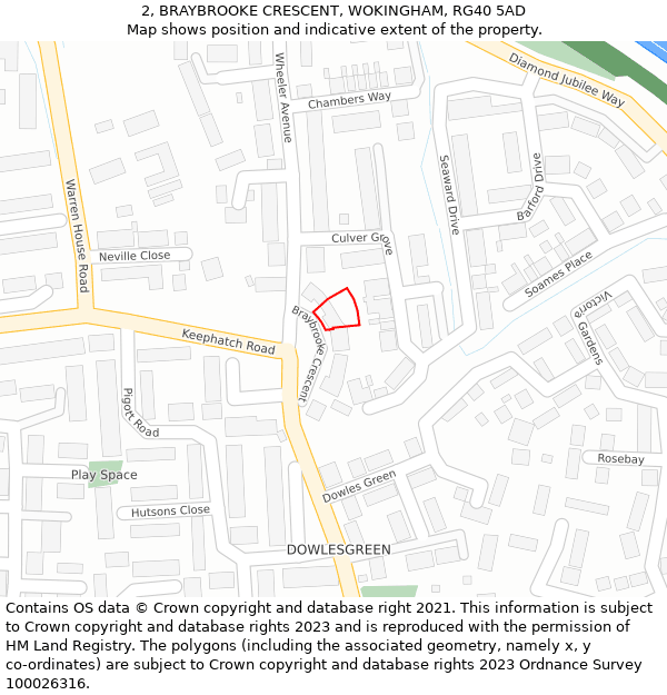 2, BRAYBROOKE CRESCENT, WOKINGHAM, RG40 5AD: Location map and indicative extent of plot