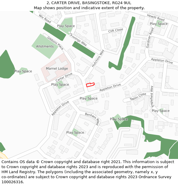 2, CARTER DRIVE, BASINGSTOKE, RG24 9UL: Location map and indicative extent of plot