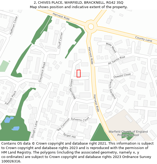 2, CHIVES PLACE, WARFIELD, BRACKNELL, RG42 3SQ: Location map and indicative extent of plot