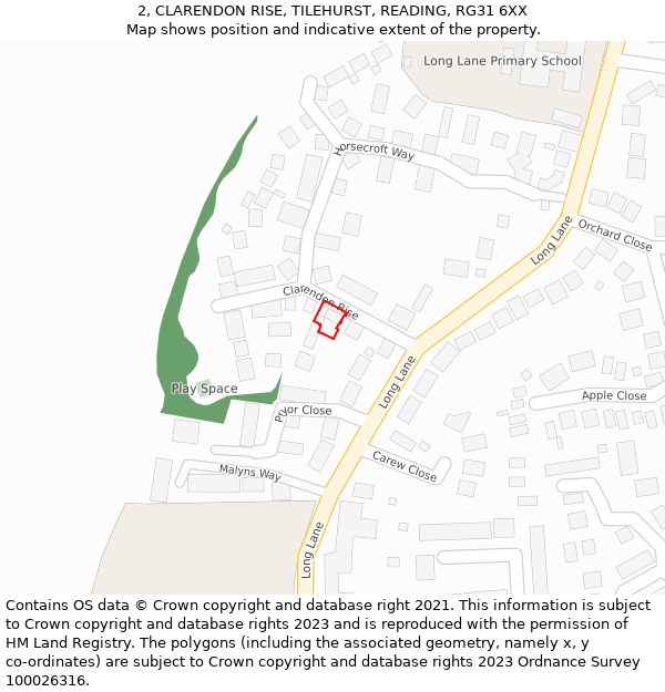 2, CLARENDON RISE, TILEHURST, READING, RG31 6XX: Location map and indicative extent of plot