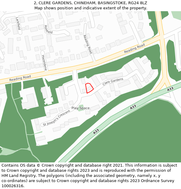 2, CLERE GARDENS, CHINEHAM, BASINGSTOKE, RG24 8LZ: Location map and indicative extent of plot