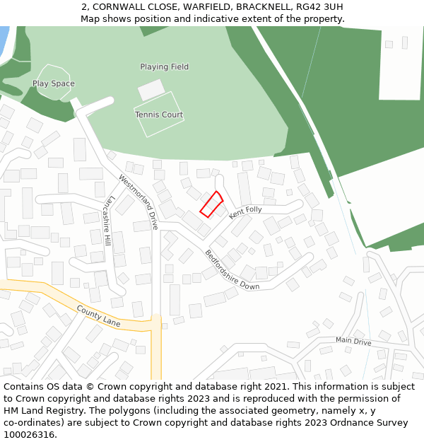 2, CORNWALL CLOSE, WARFIELD, BRACKNELL, RG42 3UH: Location map and indicative extent of plot