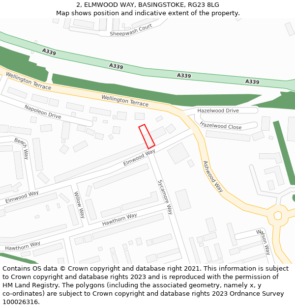 2, ELMWOOD WAY, BASINGSTOKE, RG23 8LG: Location map and indicative extent of plot