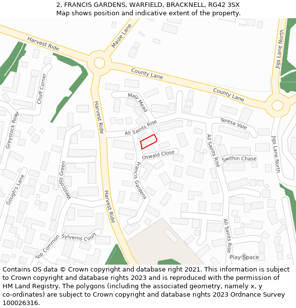 2, FRANCIS GARDENS, WARFIELD, BRACKNELL, RG42 3SX: Location map and indicative extent of plot