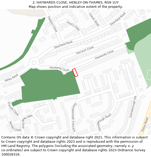 2, HAYWARDS CLOSE, HENLEY-ON-THAMES, RG9 1UY: Location map and indicative extent of plot