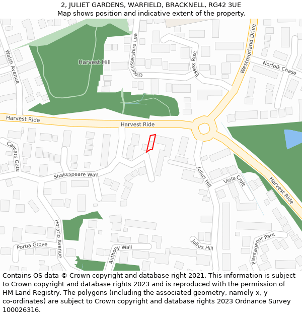 2, JULIET GARDENS, WARFIELD, BRACKNELL, RG42 3UE: Location map and indicative extent of plot