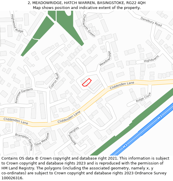 2, MEADOWRIDGE, HATCH WARREN, BASINGSTOKE, RG22 4QH: Location map and indicative extent of plot