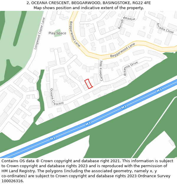 2, OCEANA CRESCENT, BEGGARWOOD, BASINGSTOKE, RG22 4FE: Location map and indicative extent of plot