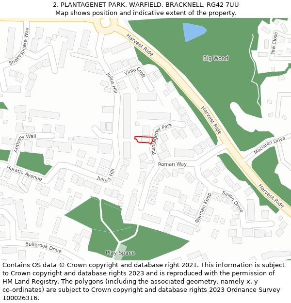 2, PLANTAGENET PARK, WARFIELD, BRACKNELL, RG42 7UU: Location map and indicative extent of plot