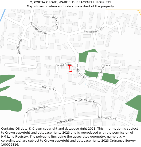 2, PORTIA GROVE, WARFIELD, BRACKNELL, RG42 3TS: Location map and indicative extent of plot