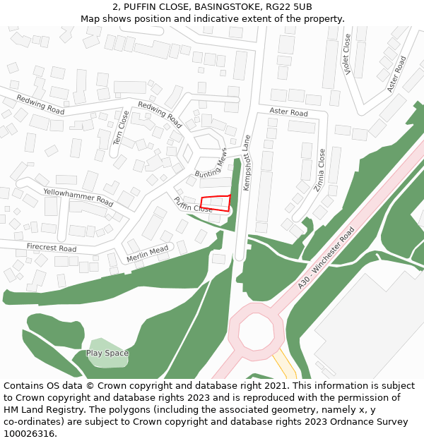 2, PUFFIN CLOSE, BASINGSTOKE, RG22 5UB: Location map and indicative extent of plot