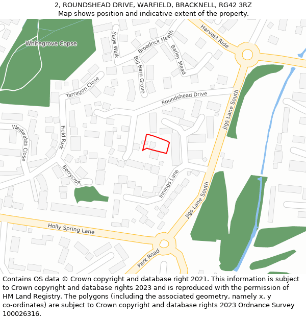 2, ROUNDSHEAD DRIVE, WARFIELD, BRACKNELL, RG42 3RZ: Location map and indicative extent of plot