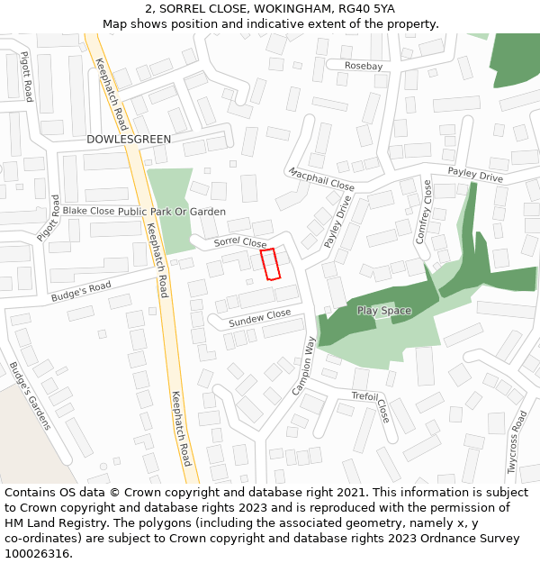 2, SORREL CLOSE, WOKINGHAM, RG40 5YA: Location map and indicative extent of plot