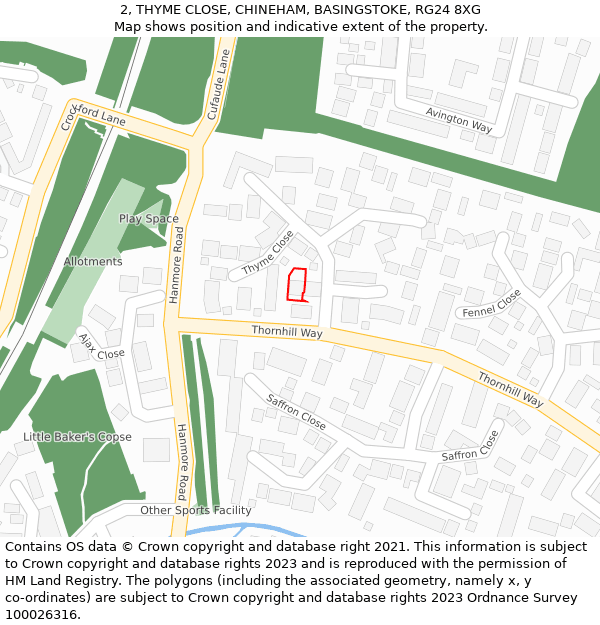 2, THYME CLOSE, CHINEHAM, BASINGSTOKE, RG24 8XG: Location map and indicative extent of plot