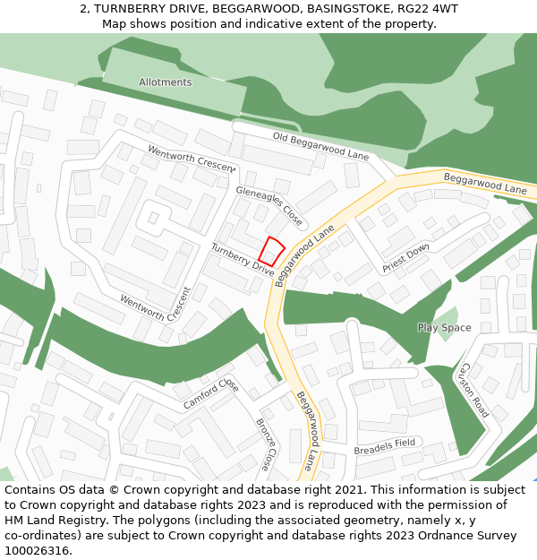 2, TURNBERRY DRIVE, BEGGARWOOD, BASINGSTOKE, RG22 4WT: Location map and indicative extent of plot