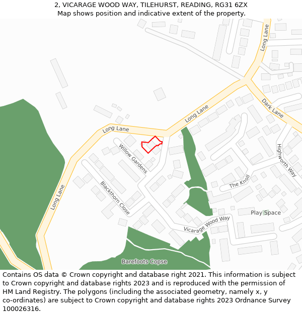 2, VICARAGE WOOD WAY, TILEHURST, READING, RG31 6ZX: Location map and indicative extent of plot
