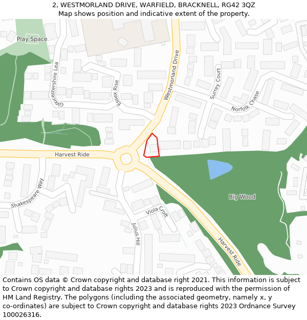 2, WESTMORLAND DRIVE, WARFIELD, BRACKNELL, RG42 3QZ: Location map and indicative extent of plot