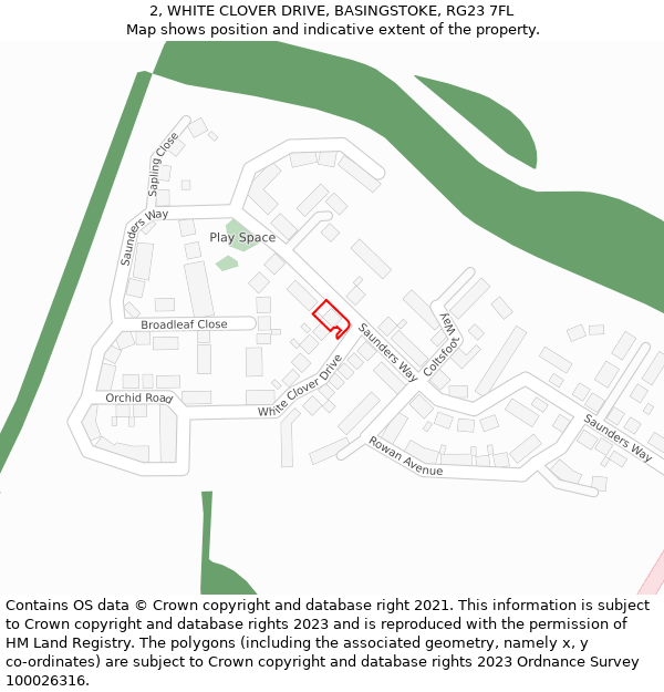 2, WHITE CLOVER DRIVE, BASINGSTOKE, RG23 7FL: Location map and indicative extent of plot