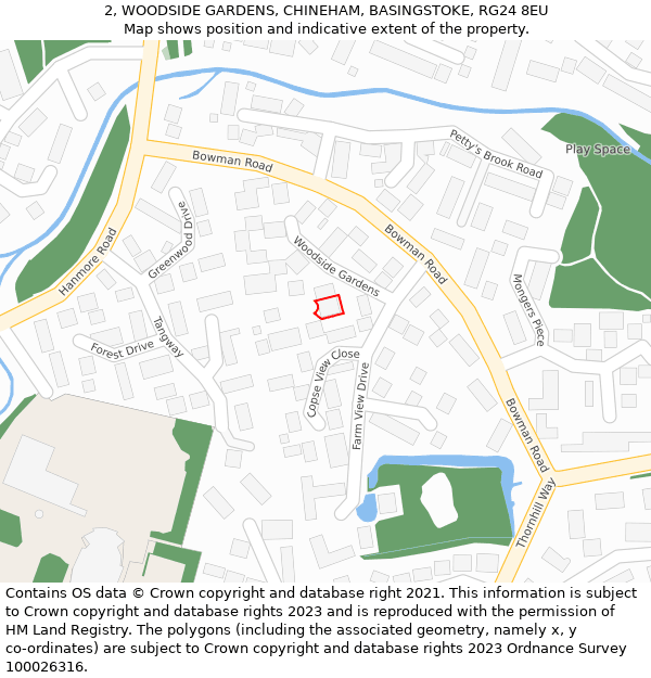 2, WOODSIDE GARDENS, CHINEHAM, BASINGSTOKE, RG24 8EU: Location map and indicative extent of plot