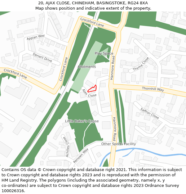 20, AJAX CLOSE, CHINEHAM, BASINGSTOKE, RG24 8XA: Location map and indicative extent of plot