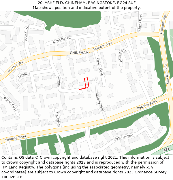 20, ASHFIELD, CHINEHAM, BASINGSTOKE, RG24 8UF: Location map and indicative extent of plot