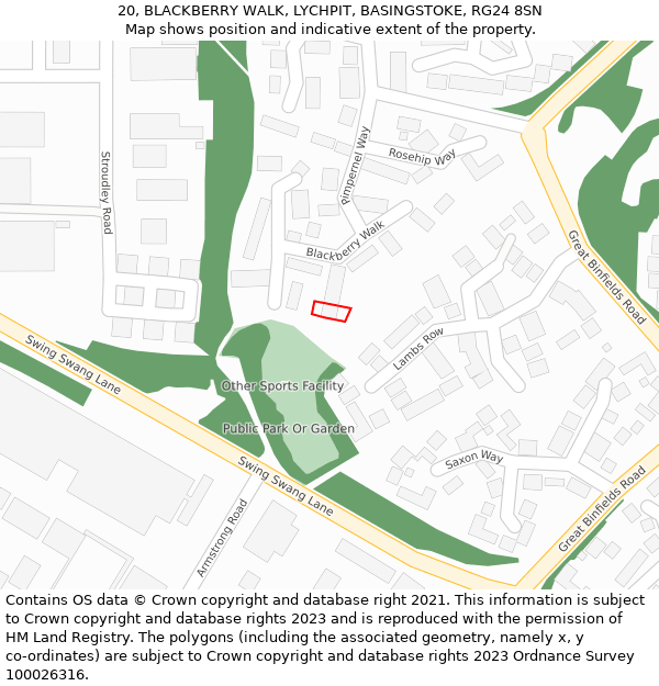 20, BLACKBERRY WALK, LYCHPIT, BASINGSTOKE, RG24 8SN: Location map and indicative extent of plot