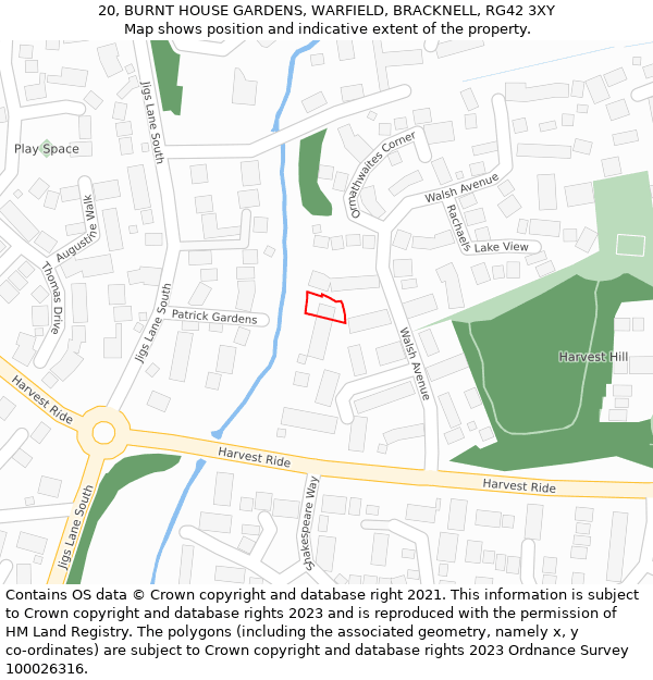 20, BURNT HOUSE GARDENS, WARFIELD, BRACKNELL, RG42 3XY: Location map and indicative extent of plot