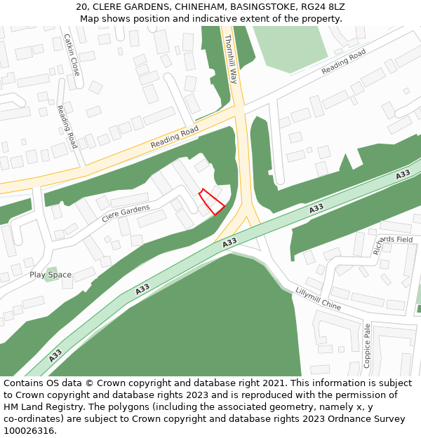 20, CLERE GARDENS, CHINEHAM, BASINGSTOKE, RG24 8LZ: Location map and indicative extent of plot