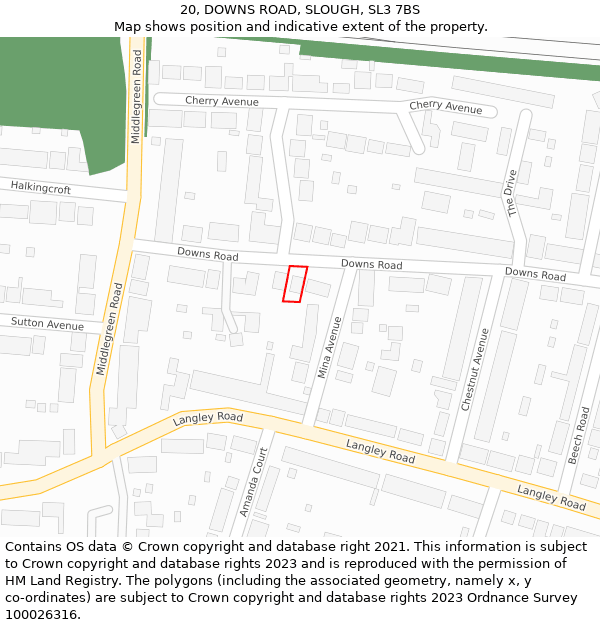 20, DOWNS ROAD, SLOUGH, SL3 7BS: Location map and indicative extent of plot