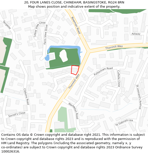 20, FOUR LANES CLOSE, CHINEHAM, BASINGSTOKE, RG24 8RN: Location map and indicative extent of plot