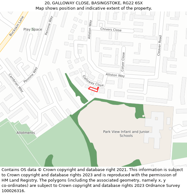 20, GALLOWAY CLOSE, BASINGSTOKE, RG22 6SX: Location map and indicative extent of plot