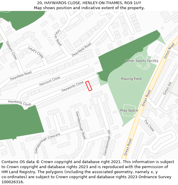 20, HAYWARDS CLOSE, HENLEY-ON-THAMES, RG9 1UY: Location map and indicative extent of plot