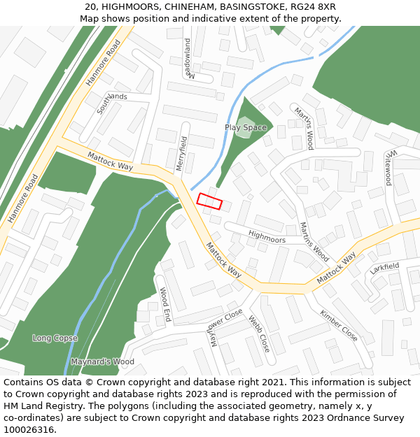 20, HIGHMOORS, CHINEHAM, BASINGSTOKE, RG24 8XR: Location map and indicative extent of plot