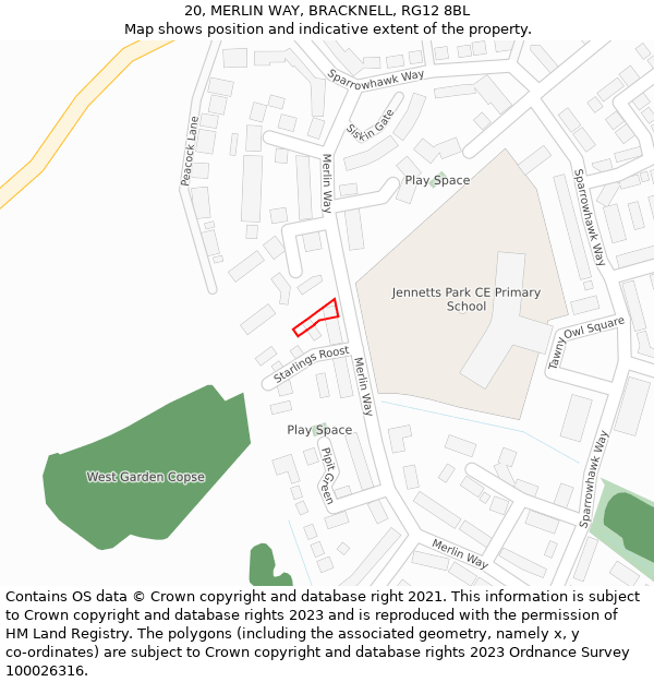 20, MERLIN WAY, BRACKNELL, RG12 8BL: Location map and indicative extent of plot