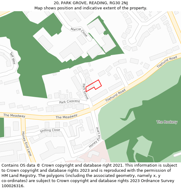 20, PARK GROVE, READING, RG30 2NJ: Location map and indicative extent of plot