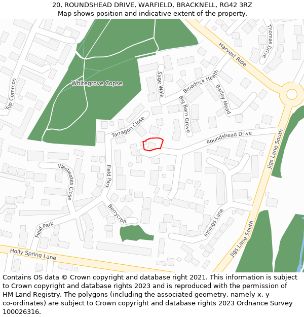 20, ROUNDSHEAD DRIVE, WARFIELD, BRACKNELL, RG42 3RZ: Location map and indicative extent of plot