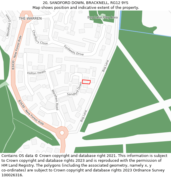 20, SANDFORD DOWN, BRACKNELL, RG12 9YS: Location map and indicative extent of plot