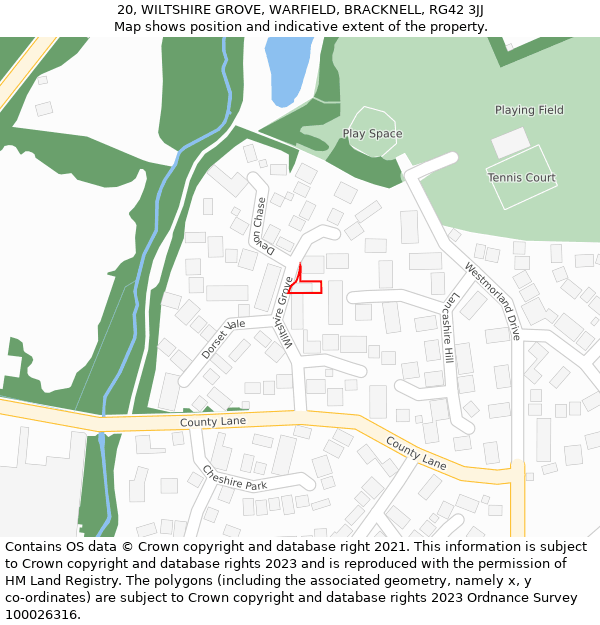 20, WILTSHIRE GROVE, WARFIELD, BRACKNELL, RG42 3JJ: Location map and indicative extent of plot