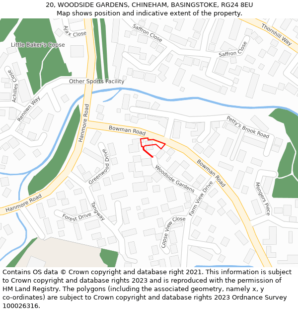 20, WOODSIDE GARDENS, CHINEHAM, BASINGSTOKE, RG24 8EU: Location map and indicative extent of plot