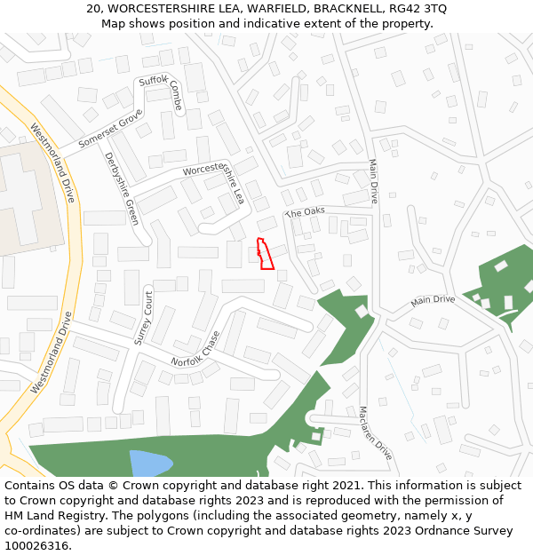 20, WORCESTERSHIRE LEA, WARFIELD, BRACKNELL, RG42 3TQ: Location map and indicative extent of plot