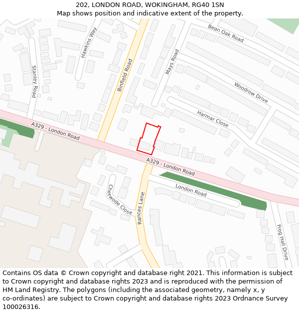 202, LONDON ROAD, WOKINGHAM, RG40 1SN: Location map and indicative extent of plot