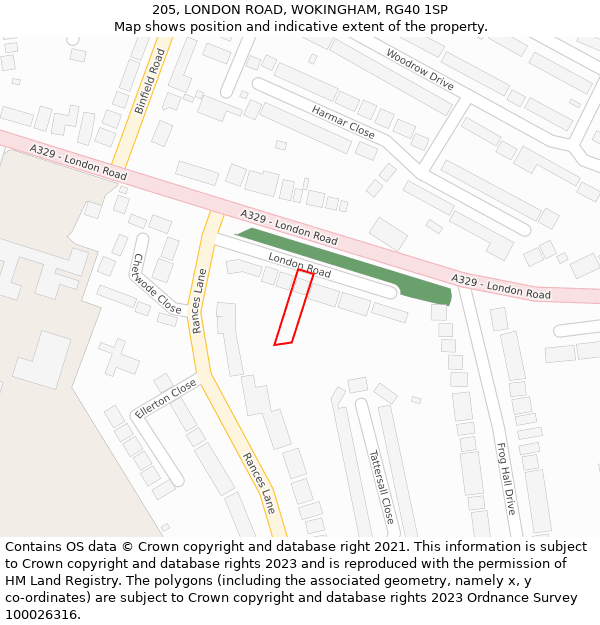 205, LONDON ROAD, WOKINGHAM, RG40 1SP: Location map and indicative extent of plot