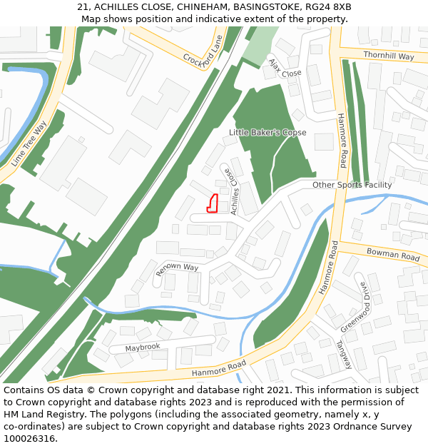 21, ACHILLES CLOSE, CHINEHAM, BASINGSTOKE, RG24 8XB: Location map and indicative extent of plot