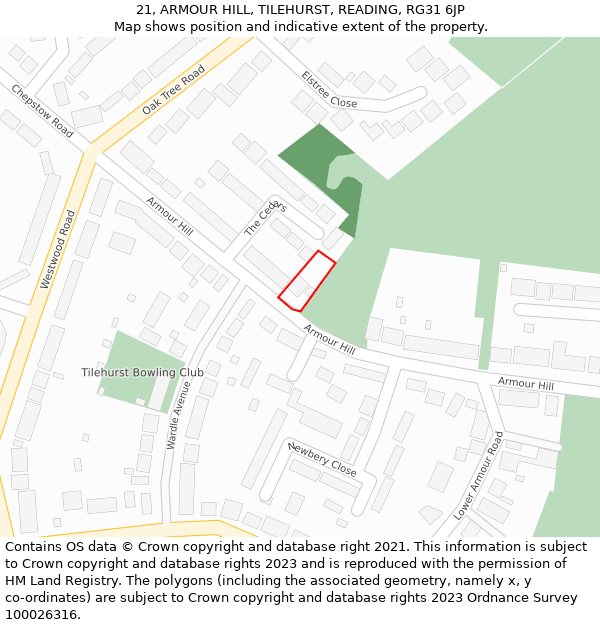 21, ARMOUR HILL, TILEHURST, READING, RG31 6JP: Location map and indicative extent of plot