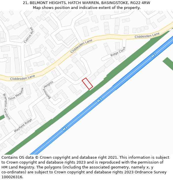 21, BELMONT HEIGHTS, HATCH WARREN, BASINGSTOKE, RG22 4RW: Location map and indicative extent of plot