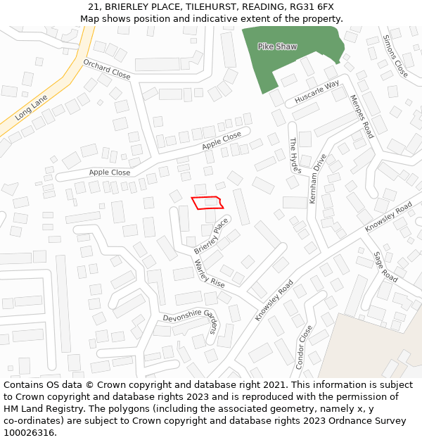 21, BRIERLEY PLACE, TILEHURST, READING, RG31 6FX: Location map and indicative extent of plot