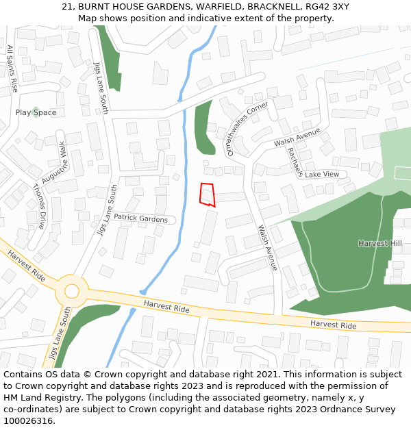 21, BURNT HOUSE GARDENS, WARFIELD, BRACKNELL, RG42 3XY: Location map and indicative extent of plot