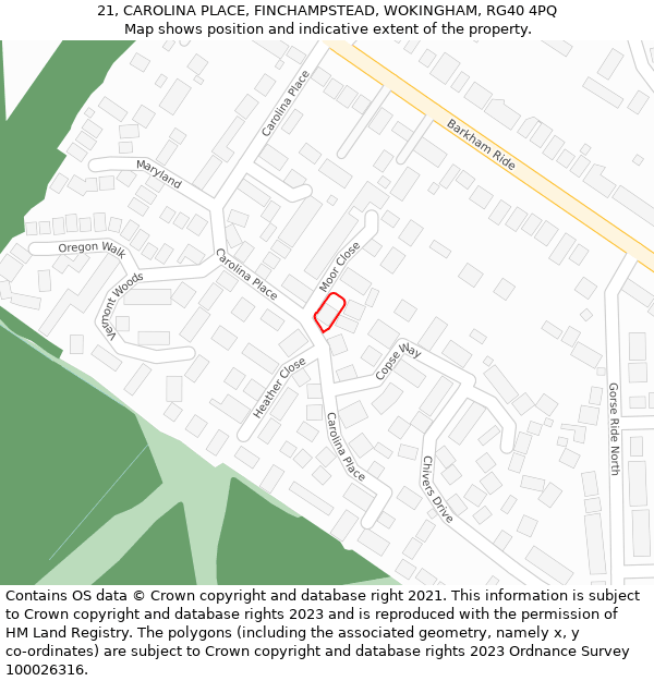 21, CAROLINA PLACE, FINCHAMPSTEAD, WOKINGHAM, RG40 4PQ: Location map and indicative extent of plot